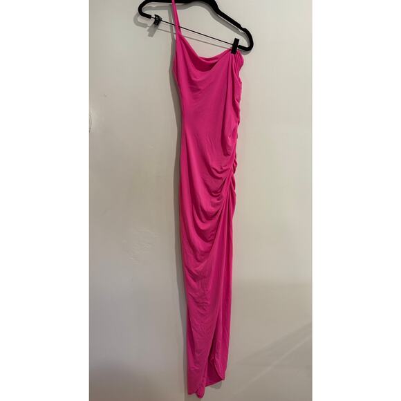 NWT Nookie Aria One Shoulder Ruched Matte Jersey Bodycon Gown Neon Pink Womens M - Picture 3 of 10